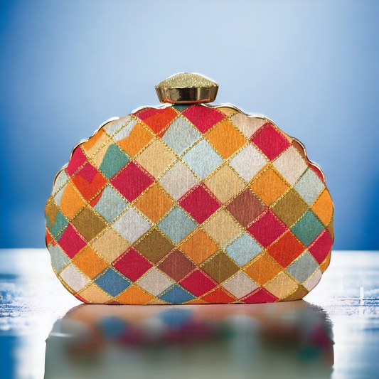 Clutch - Checkered With Embroidery - Shell Shape (Clearance)