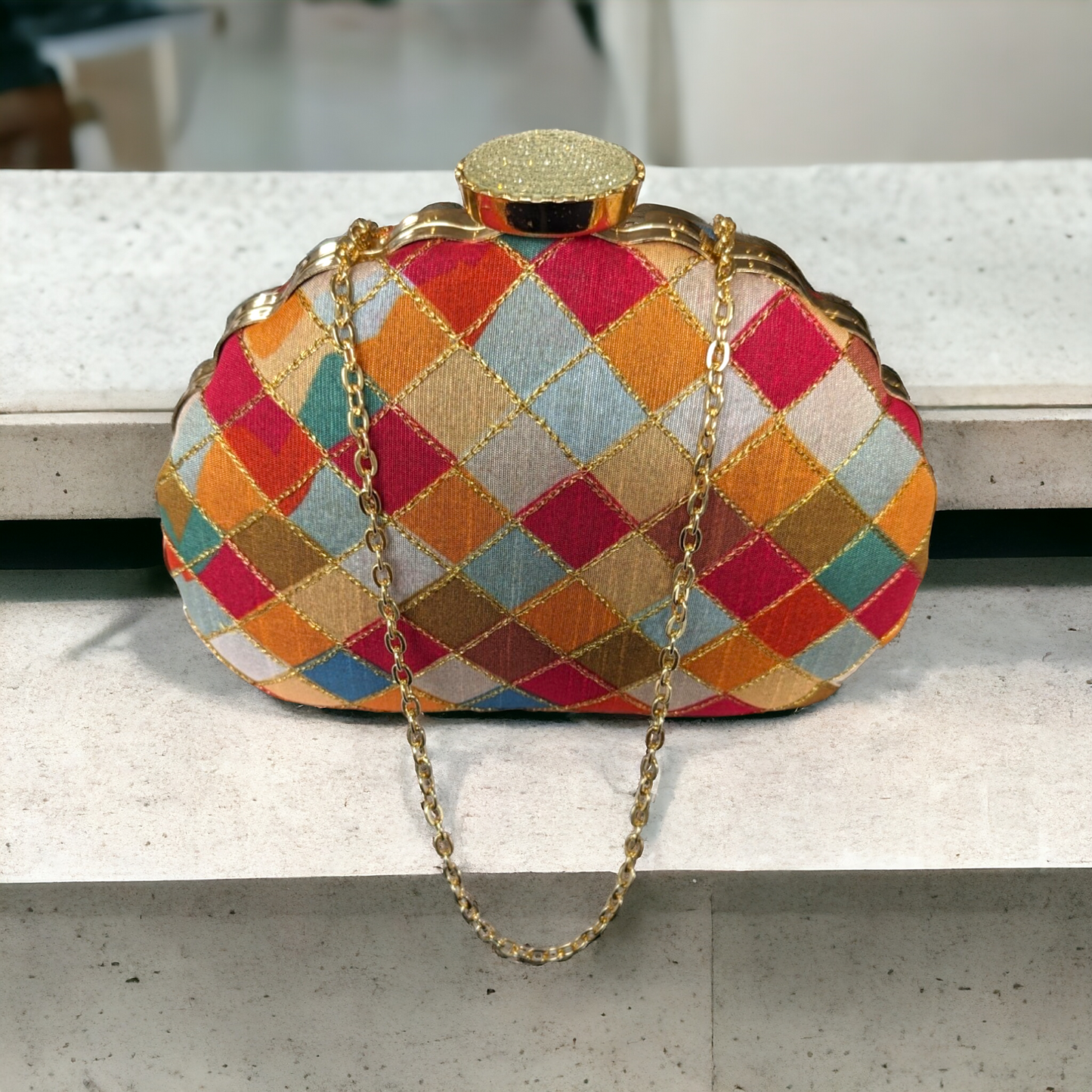 Clutch - Checkered With Embroidery - Shell Shape (Clearance)