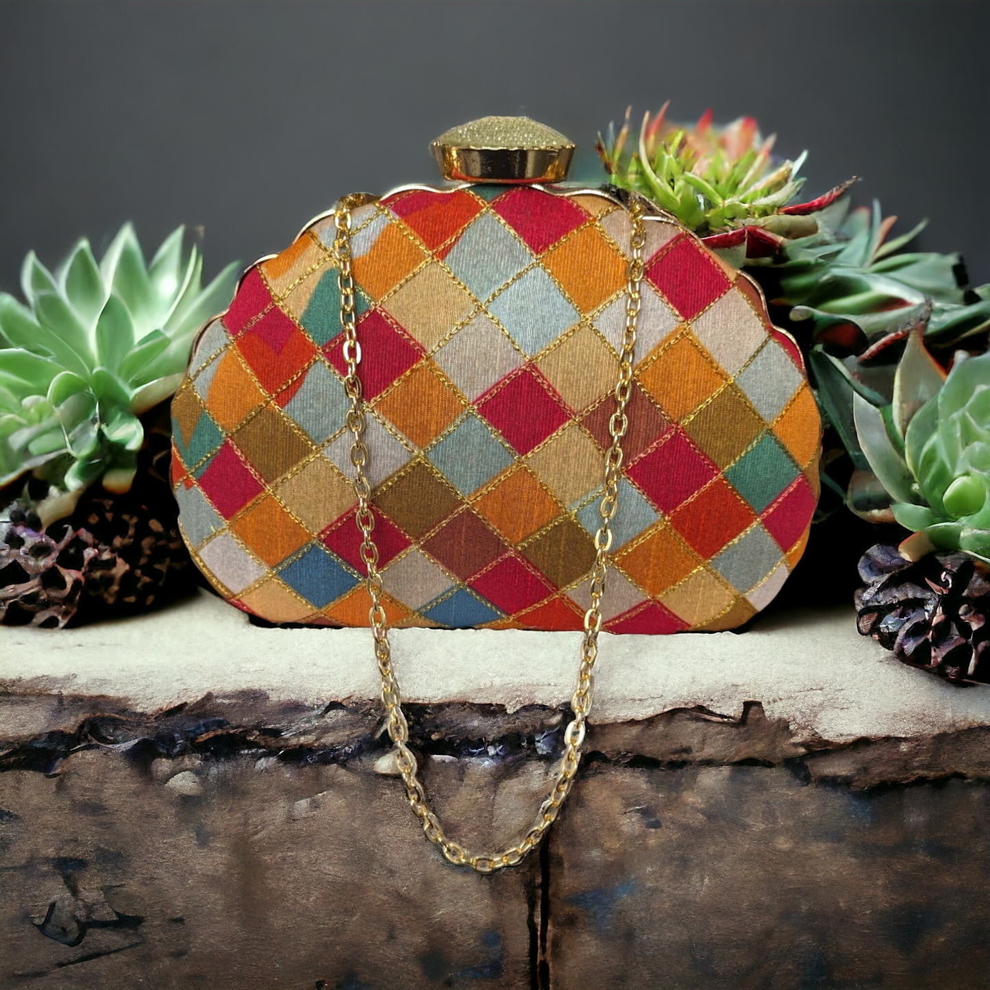 Clutch - Checkered With Embroidery - Shell Shape (Clearance)