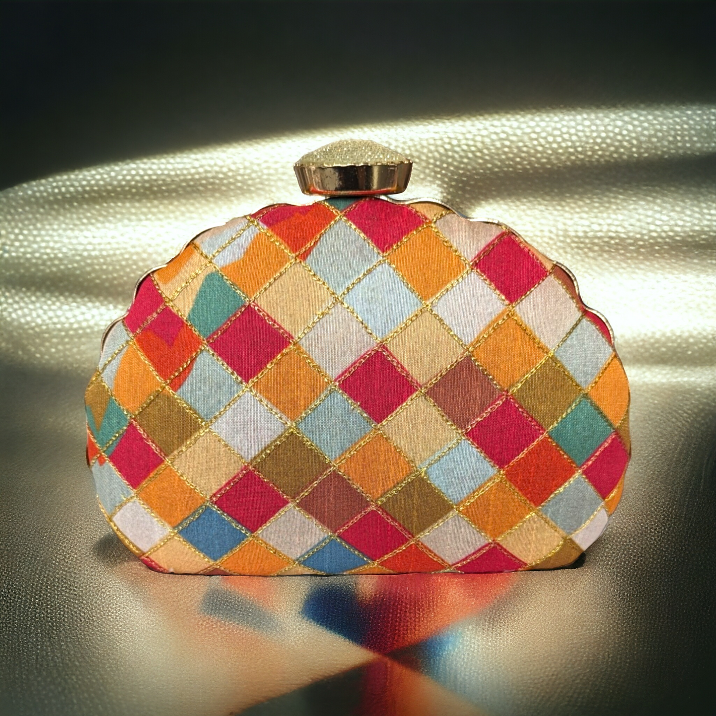 Clutch - Checkered With Embroidery - Shell Shape (Clearance)
