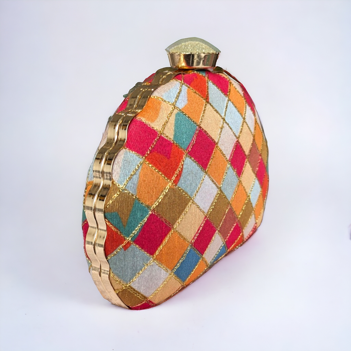Clutch - Checkered With Embroidery - Shell Shape (Clearance)